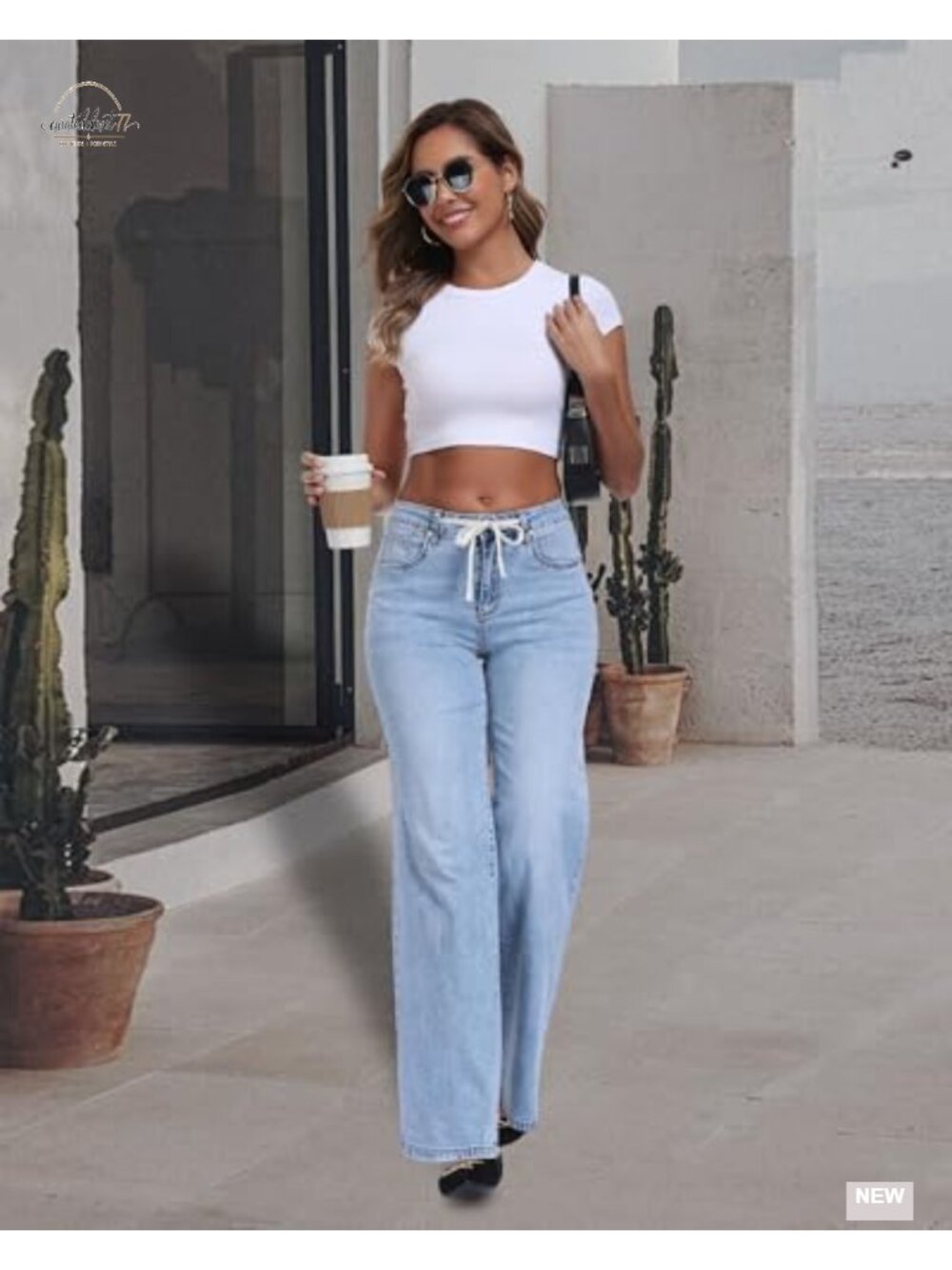 High Waist Wide Leg Drawstring Jeans Baggy Stretchy Denim Pants 5-Pocket Loose - Picture 2 of 5